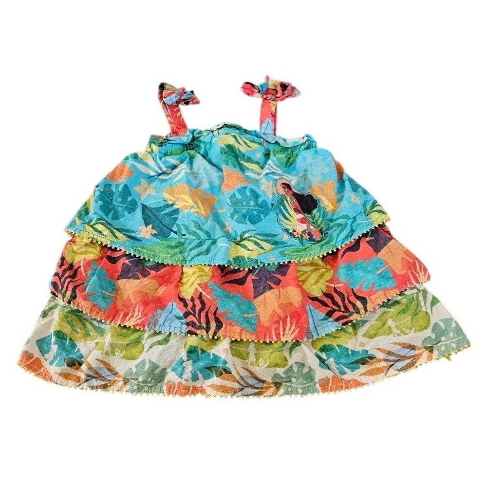 Disney Moana Girls Tropical Tiered Sun Dress Blue Orange Pom Pom Trim Size 2